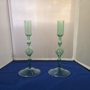POKETO Glass Candlestick Holder Set of 2 Green  Vintage